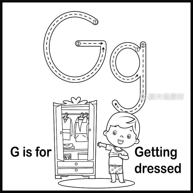 抽认卡字母G是Getting Dressed矢量插图